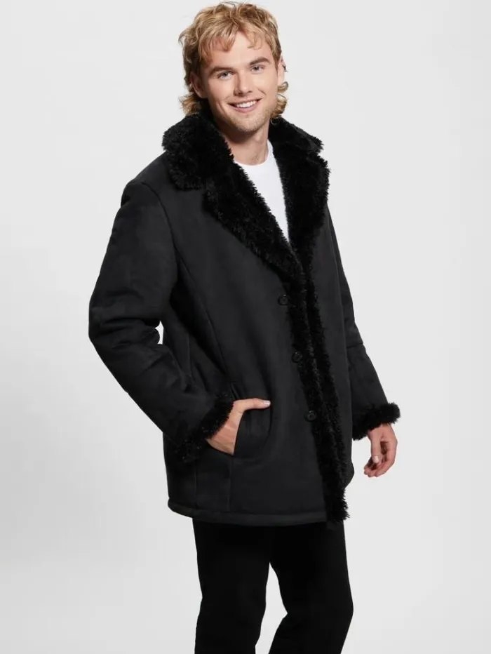 Men GUESS Jackets and Coats Ian FauxSuede Coat Jet Black Multi