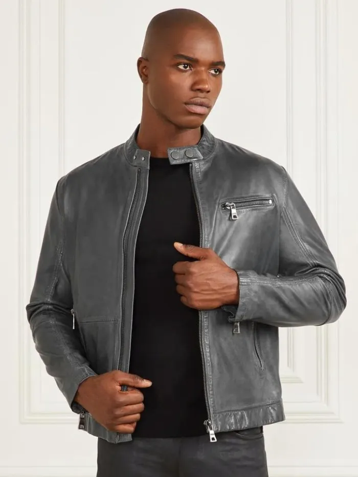 Men GUESS Jackets and Coats Leather Biker Jacket Black