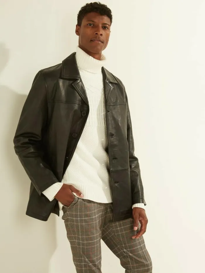 Men GUESS Jackets and Coats Leather Car Coat Black