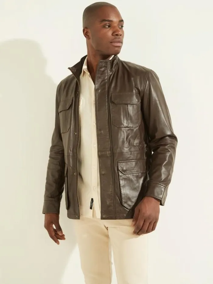 Men GUESS Jackets and Coats Leather Field Jacket Chocolate Brownie