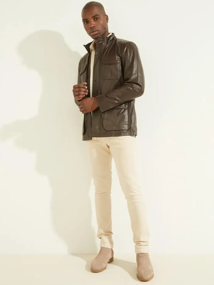 Men GUESS Jackets and Coats Leather Field Jacket Chocolate Brownie