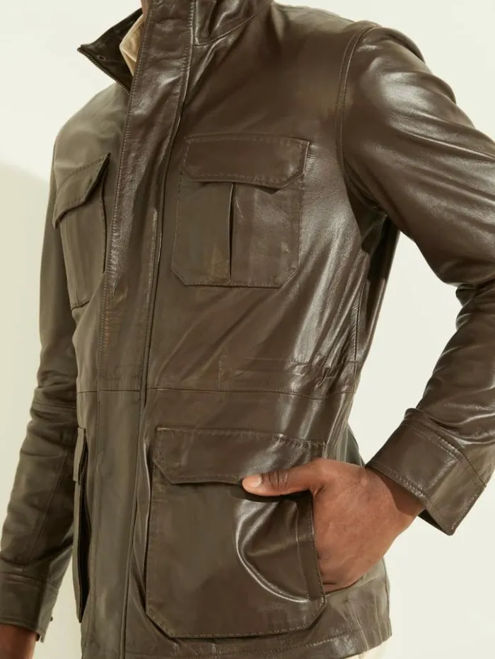Men GUESS Jackets and Coats Leather Field Jacket Chocolate Brownie