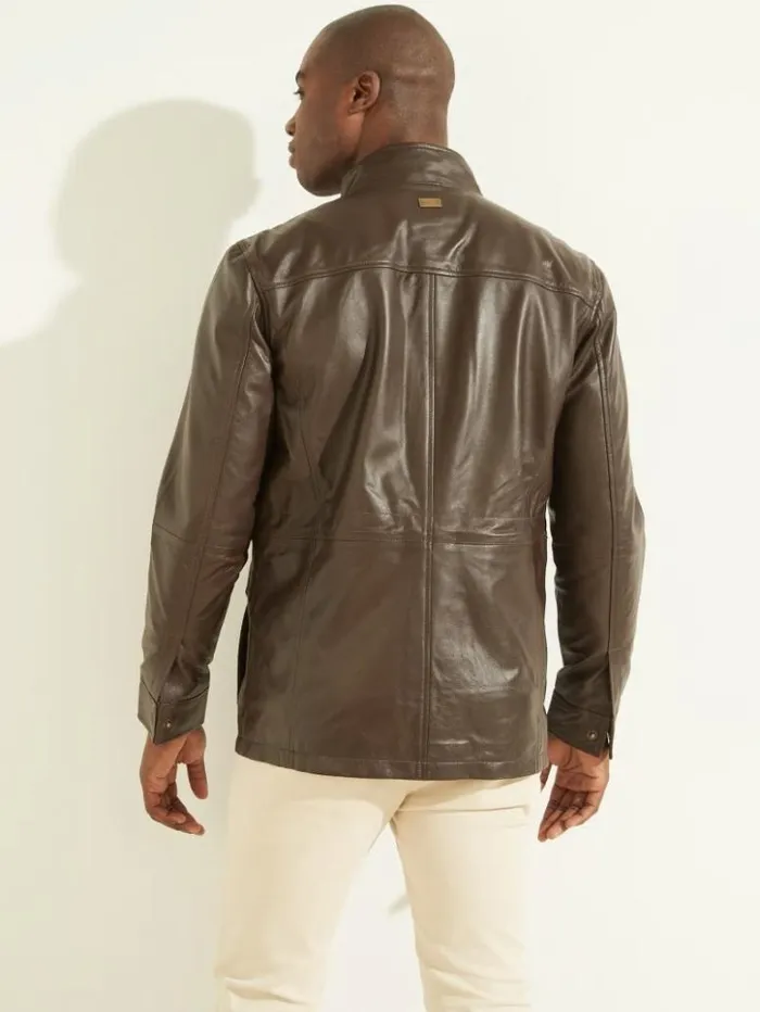 Men GUESS Jackets and Coats Leather Field Jacket Chocolate Brownie