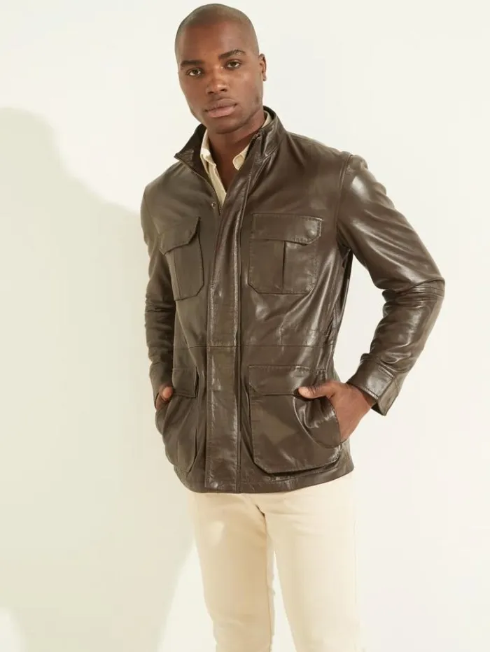 Men GUESS Jackets and Coats Leather Field Jacket Chocolate Brownie