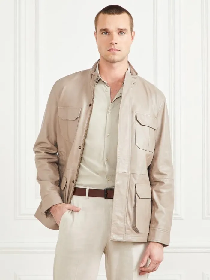 Men GUESS Jackets and Coats Leather Field Jacket Pasadena Stone