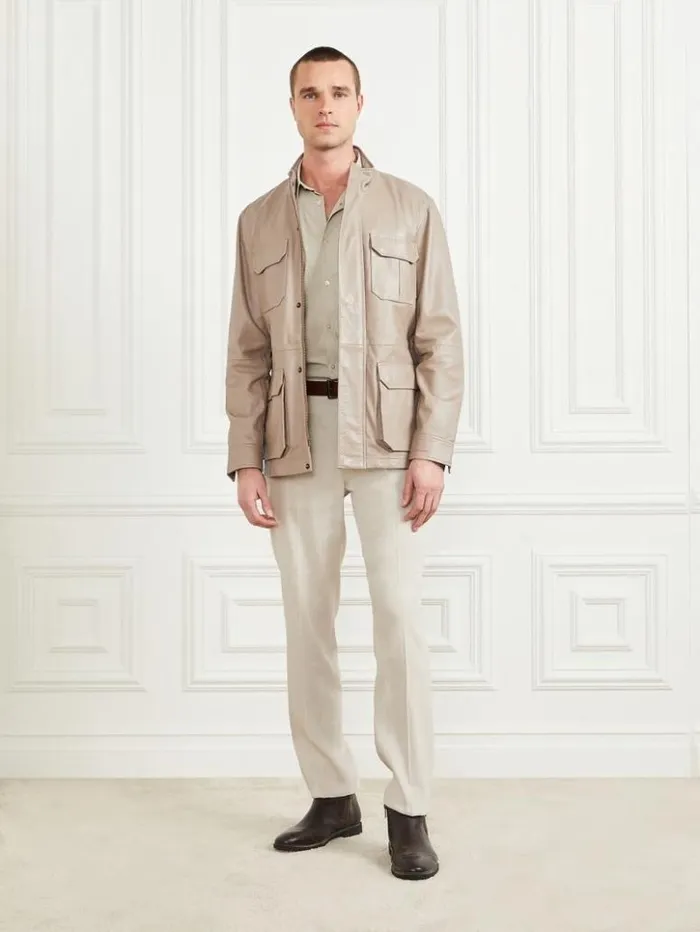 Men GUESS Jackets and Coats Leather Field Jacket Pasadena Stone
