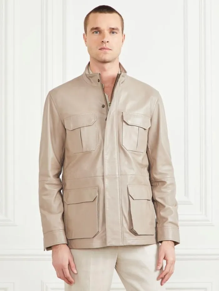 Men GUESS Jackets and Coats Leather Field Jacket Pasadena Stone