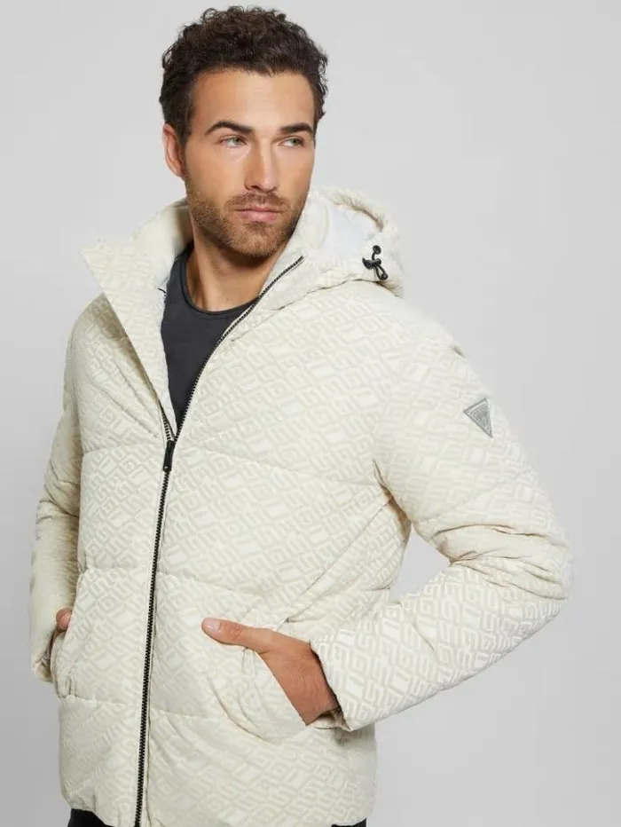 Men GUESS Jackets and Coats Logo Hooded Puffer Jacket Muted Stone Flock Guess Men GUESS Jackets and Coats Logo Hooded Puffer Jacket Muted Stone Flock Guess