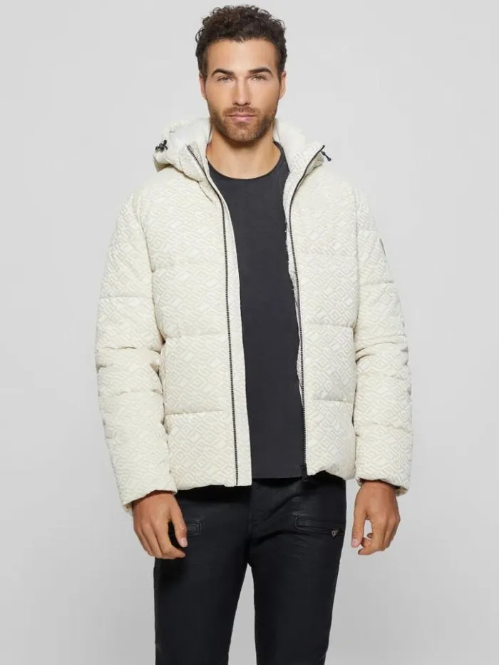 Men GUESS Jackets and Coats Logo Hooded Puffer Jacket Muted Stone Flock Guess Men GUESS Jackets and Coats Logo Hooded Puffer Jacket Muted Stone Flock Guess