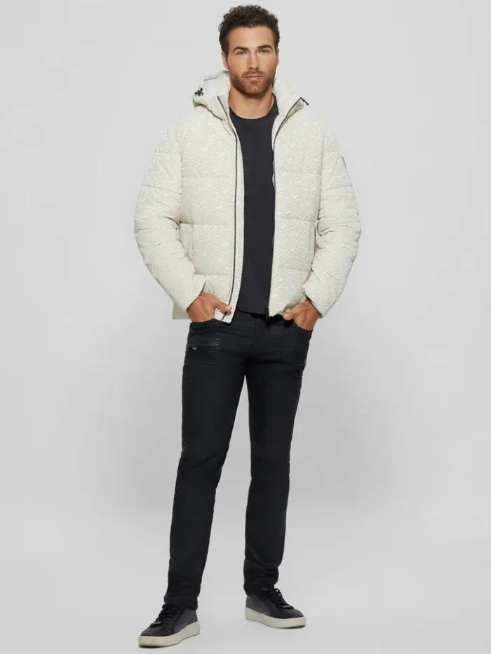 Men GUESS Jackets and Coats Logo Hooded Puffer Jacket Muted Stone Flock Guess Men GUESS Jackets and Coats Logo Hooded Puffer Jacket Muted Stone Flock Guess
