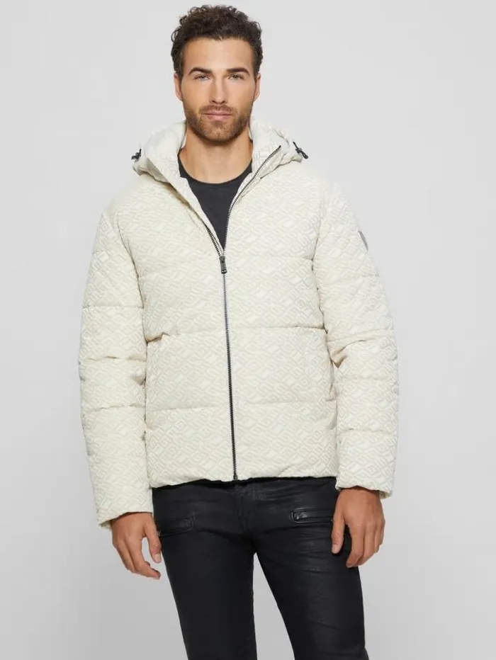 Men GUESS Jackets and Coats Logo Hooded Puffer Jacket Muted Stone Flock Guess Men GUESS Jackets and Coats Logo Hooded Puffer Jacket Muted Stone Flock Guess