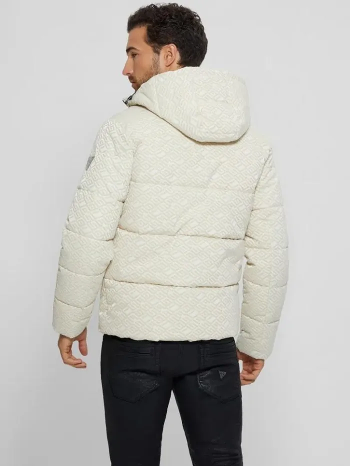 Men GUESS Jackets and Coats Logo Hooded Puffer Jacket Muted Stone Flock Guess Men GUESS Jackets and Coats Logo Hooded Puffer Jacket Muted Stone Flock Guess