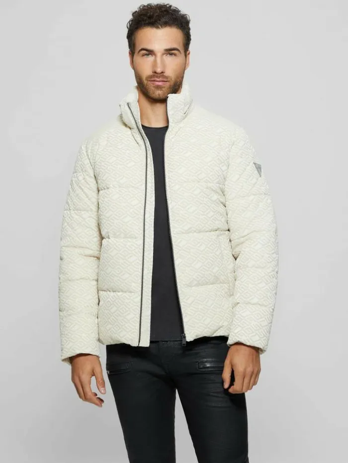 Men GUESS Jackets and Coats Logo Hooded Puffer Jacket Muted Stone Flock Guess Men GUESS Jackets and Coats Logo Hooded Puffer Jacket Muted Stone Flock Guess