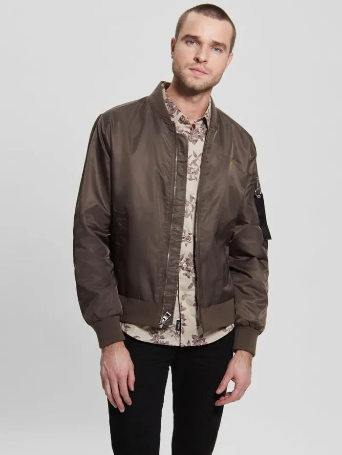 Men GUESS Jackets and Coats Nylon Flight Jacket Carob Chocolate