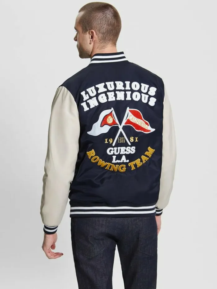 Men GUESS Jackets and Coats Patch Varsity Jacket Bleu lgant