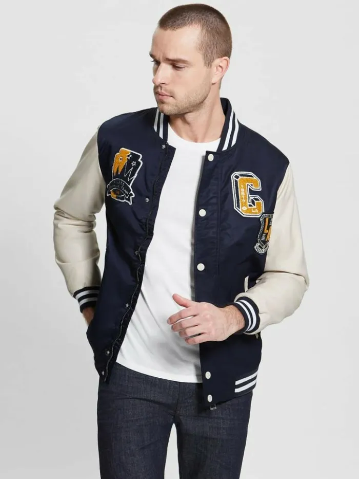 Men GUESS Jackets and Coats Patch Varsity Jacket Bleu lgant