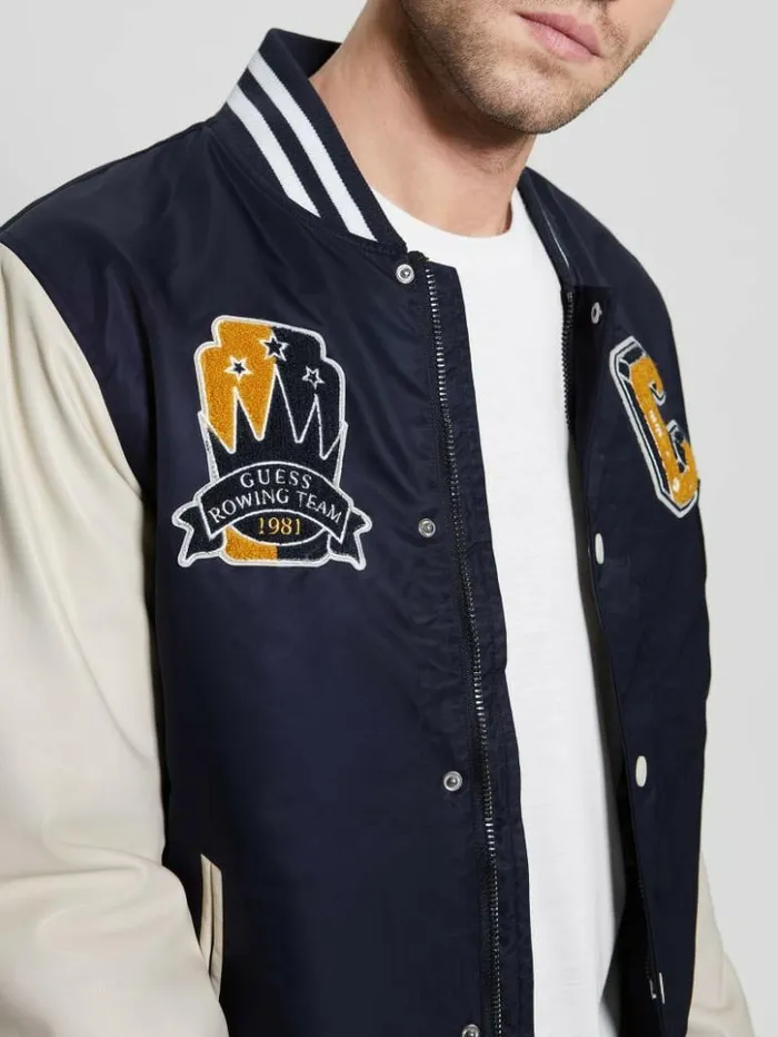Men GUESS Jackets and Coats Patch Varsity Jacket Bleu lgant