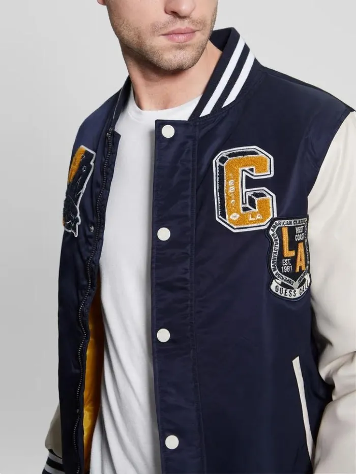 Men GUESS Jackets and Coats Patch Varsity Jacket Bleu lgant