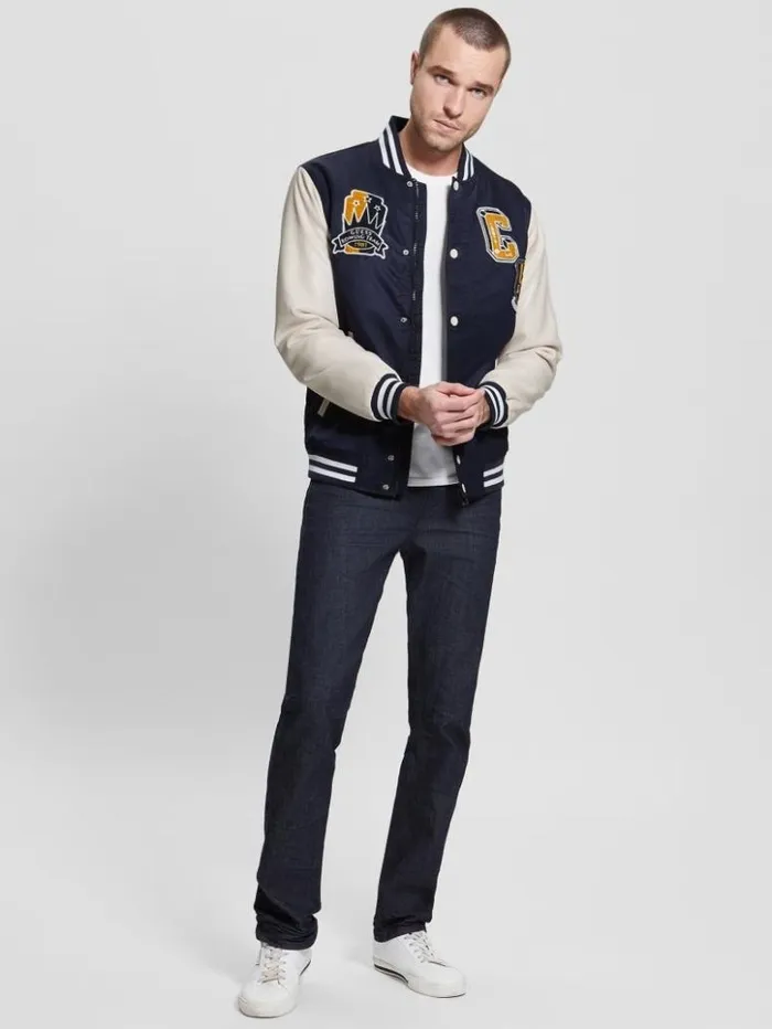 Men GUESS Jackets and Coats Patch Varsity Jacket Bleu lgant