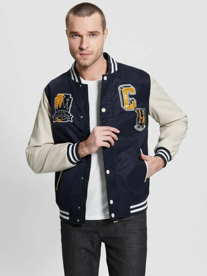 Men GUESS Jackets and Coats Patch Varsity Jacket Bleu lgant