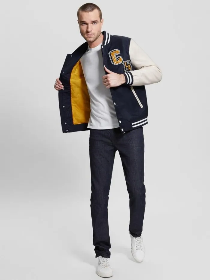 Men GUESS Jackets and Coats Patch Varsity Jacket Bleu lgant