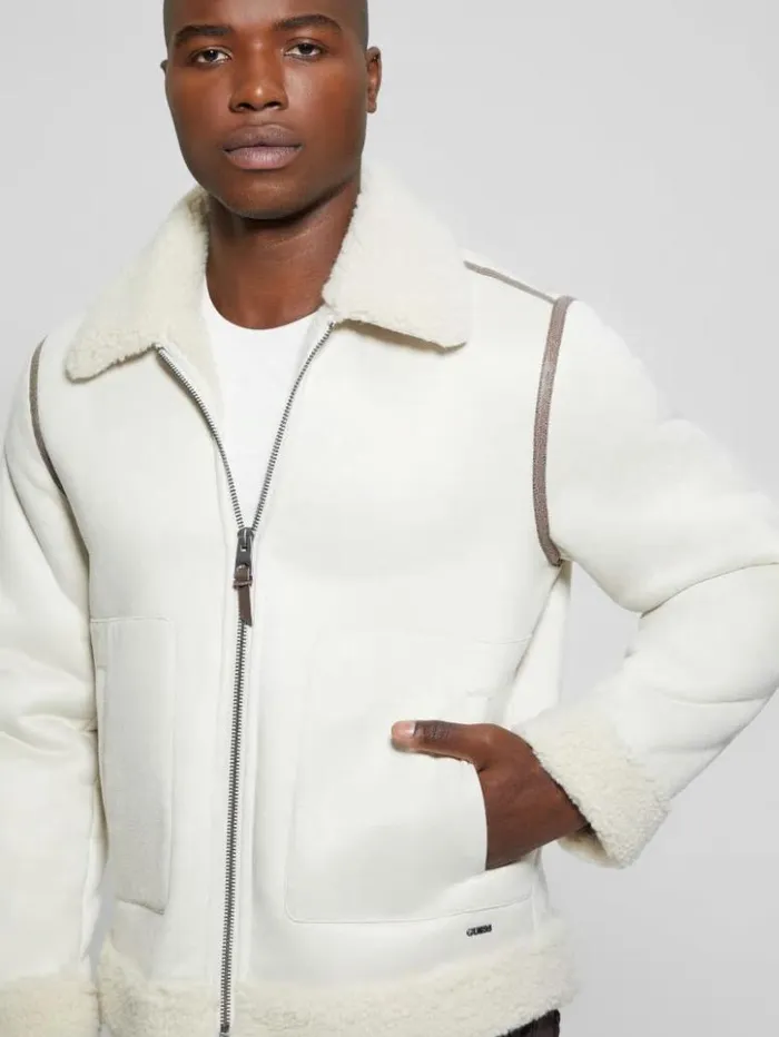 Men GUESS Jackets and Coats Redford Bonded Sherpa Jacket Muted Stone Multi