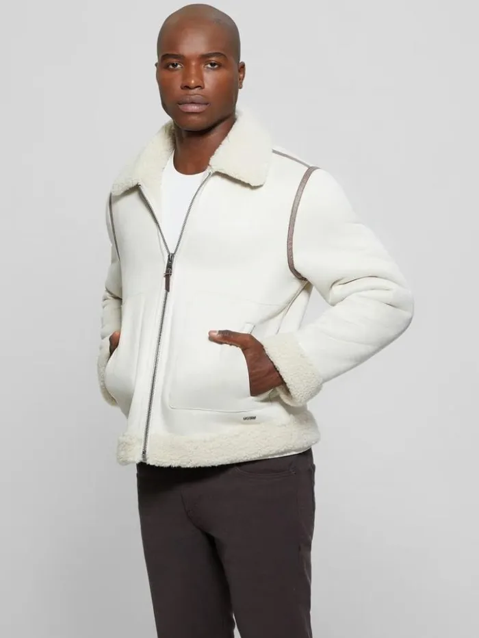 Men GUESS Jackets and Coats Redford Bonded Sherpa Jacket Muted Stone Multi