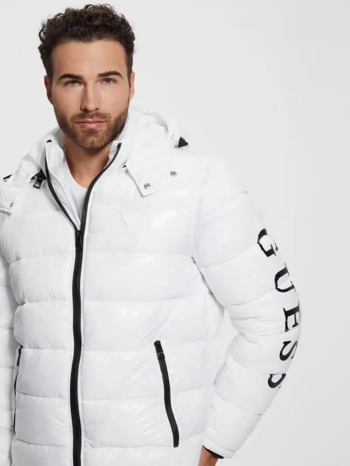 Men GUESS Jackets and Coats Shiny Hooded Puffer Jacket Pure White