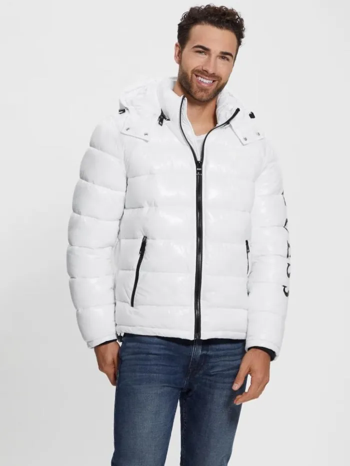 Men GUESS Jackets and Coats Shiny Hooded Puffer Jacket Pure White