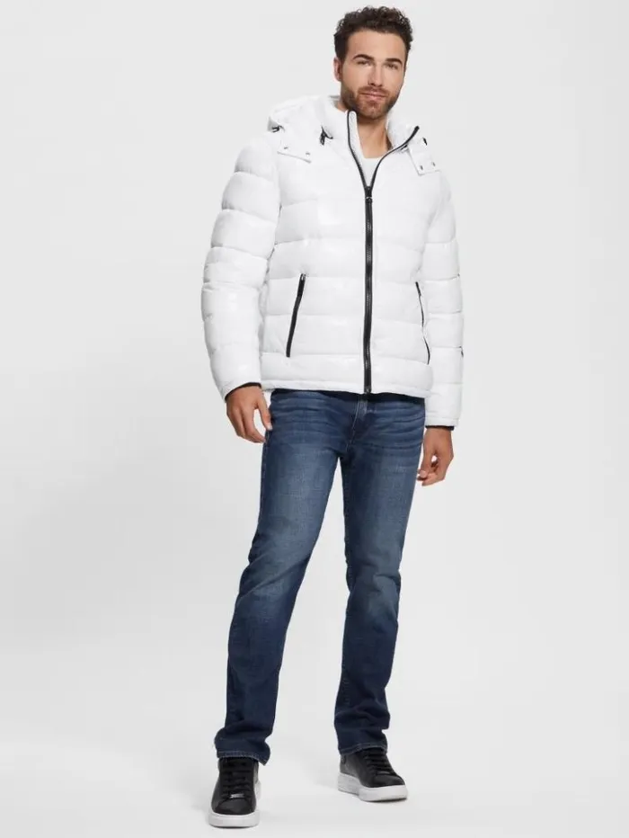 Men GUESS Jackets and Coats Shiny Hooded Puffer Jacket Pure White