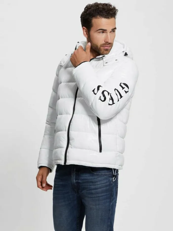 Men GUESS Jackets and Coats Shiny Hooded Puffer Jacket Pure White