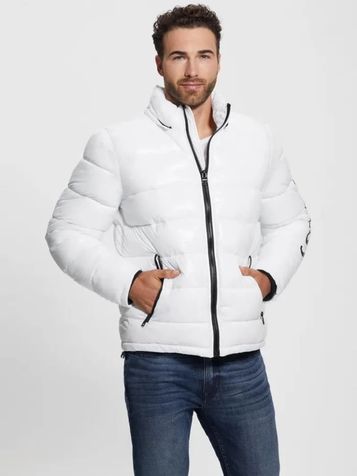 Men GUESS Jackets and Coats Shiny Hooded Puffer Jacket Pure White