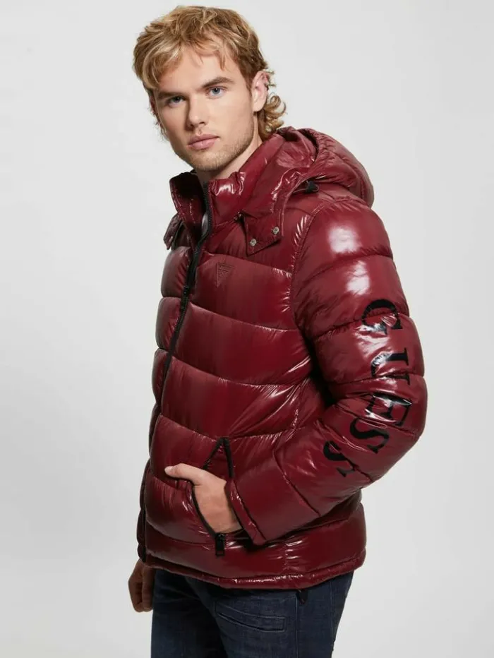 Men GUESS Jackets and Coats Shiny Hooded Puffer Jacket Vino