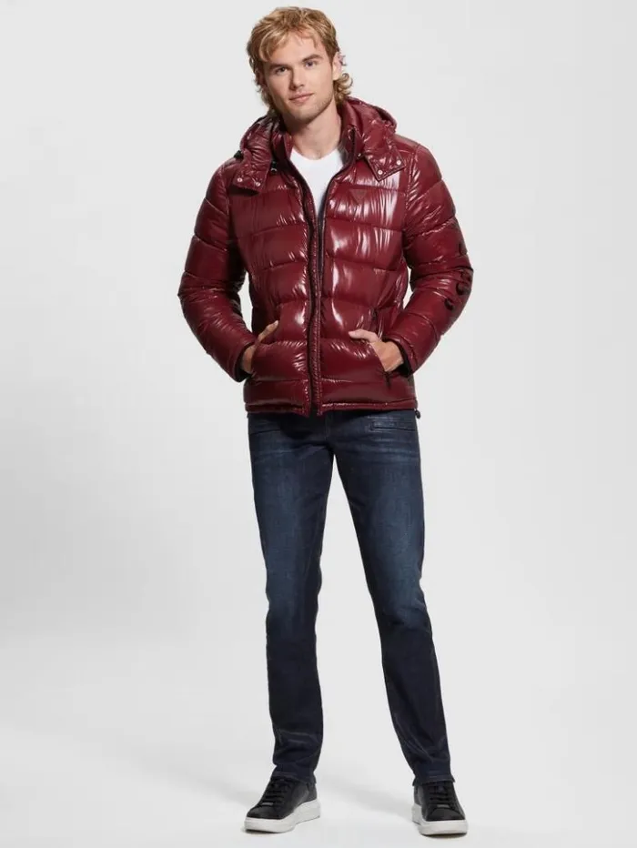 Men GUESS Jackets and Coats Shiny Hooded Puffer Jacket Vino