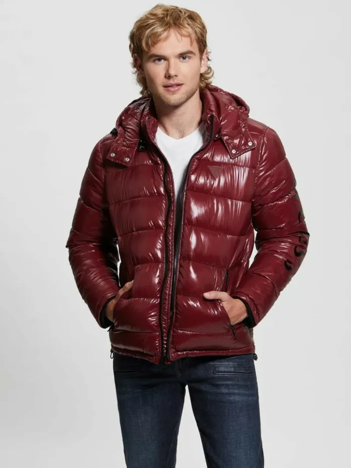 Men GUESS Jackets and Coats Shiny Hooded Puffer Jacket Vino