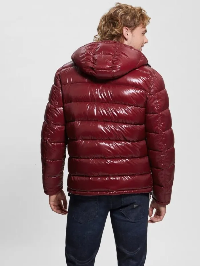 Men GUESS Jackets and Coats Shiny Hooded Puffer Jacket Vino