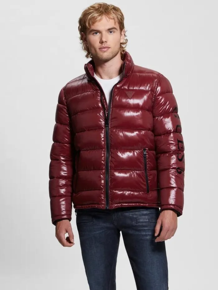 Men GUESS Jackets and Coats Shiny Hooded Puffer Jacket Vino