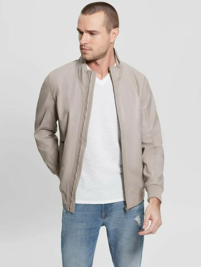 Men GUESS Jackets and Coats Soft Leather Jacket Pasadena Stone