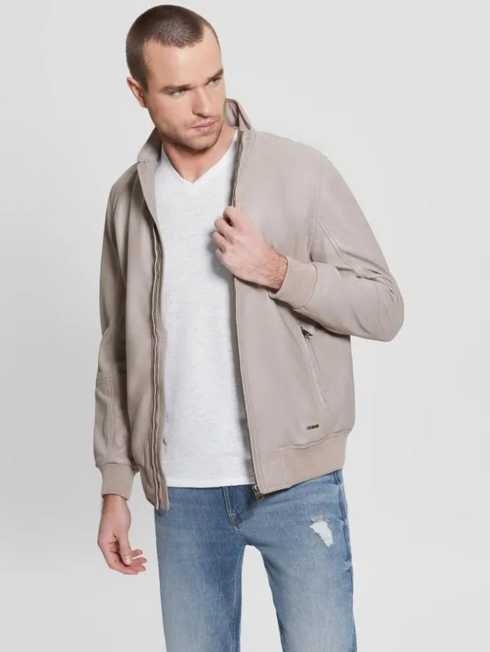 Men GUESS Jackets and Coats Soft Leather Jacket Pasadena Stone