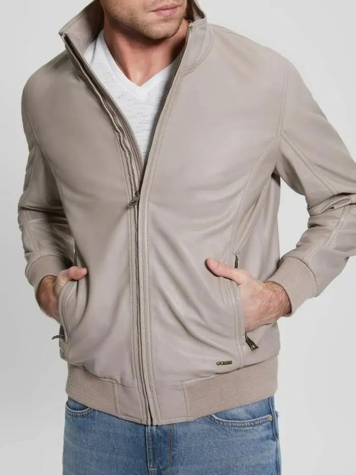 Men GUESS Jackets and Coats Soft Leather Jacket Pasadena Stone
