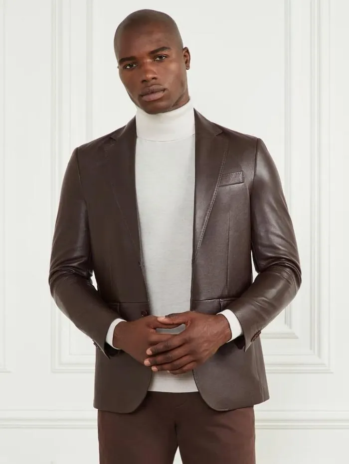 Men GUESS Jackets and Coats Steve Notched Leather Blazer Chocolate Brownie