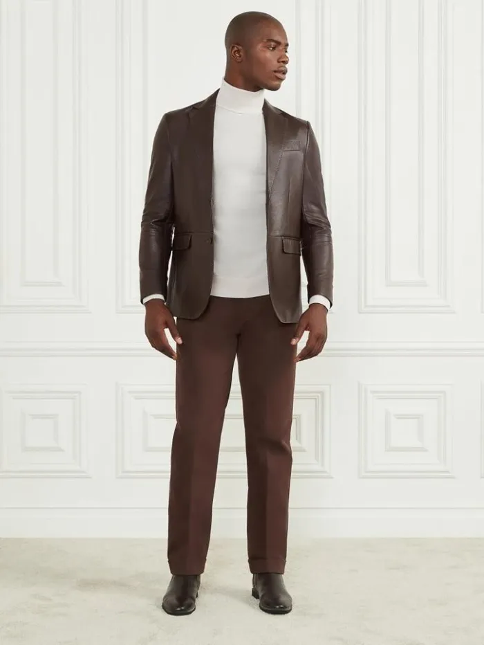 Men GUESS Jackets and Coats Steve Notched Leather Blazer Chocolate Brownie