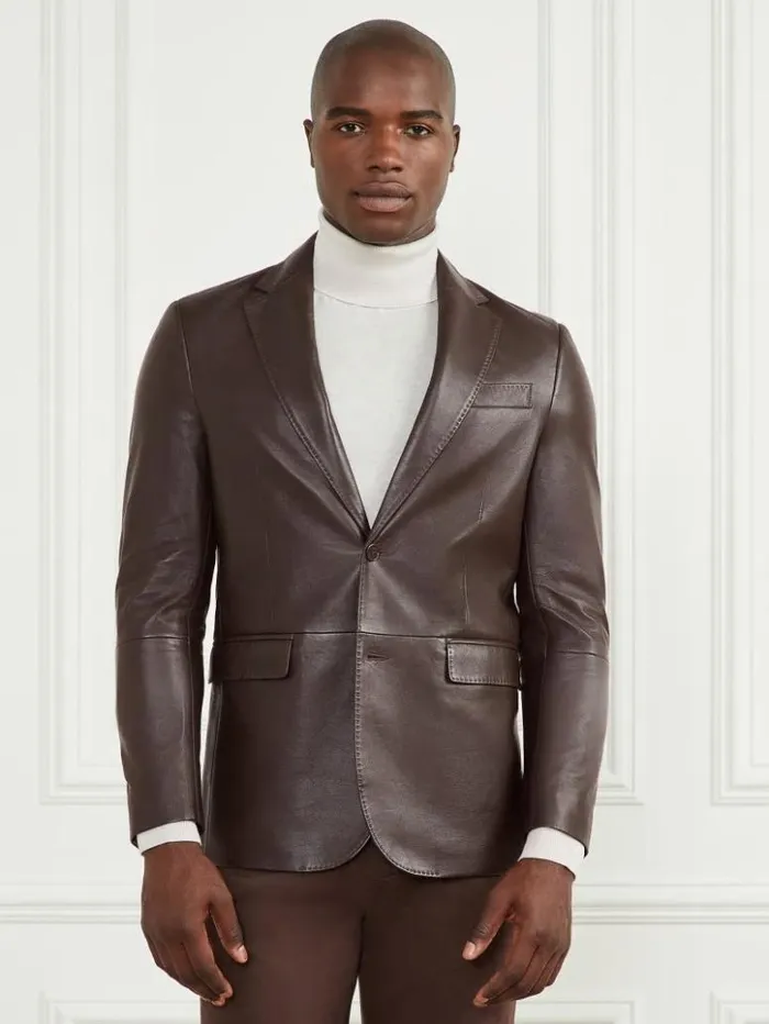 Men GUESS Jackets and Coats Steve Notched Leather Blazer Chocolate Brownie