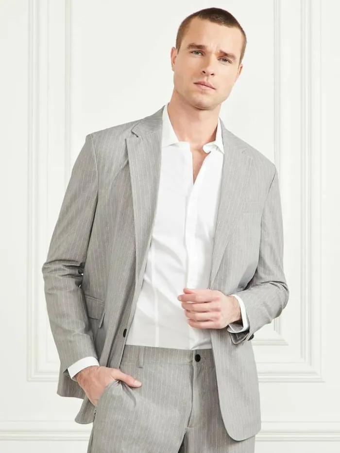 Men GUESS Jackets and Coats Wiston Performing Blazer Light Wool Grey Pinstripe Men GUESS Jackets and Coats Wiston Performing Blazer Light Wool Grey Pinstripe