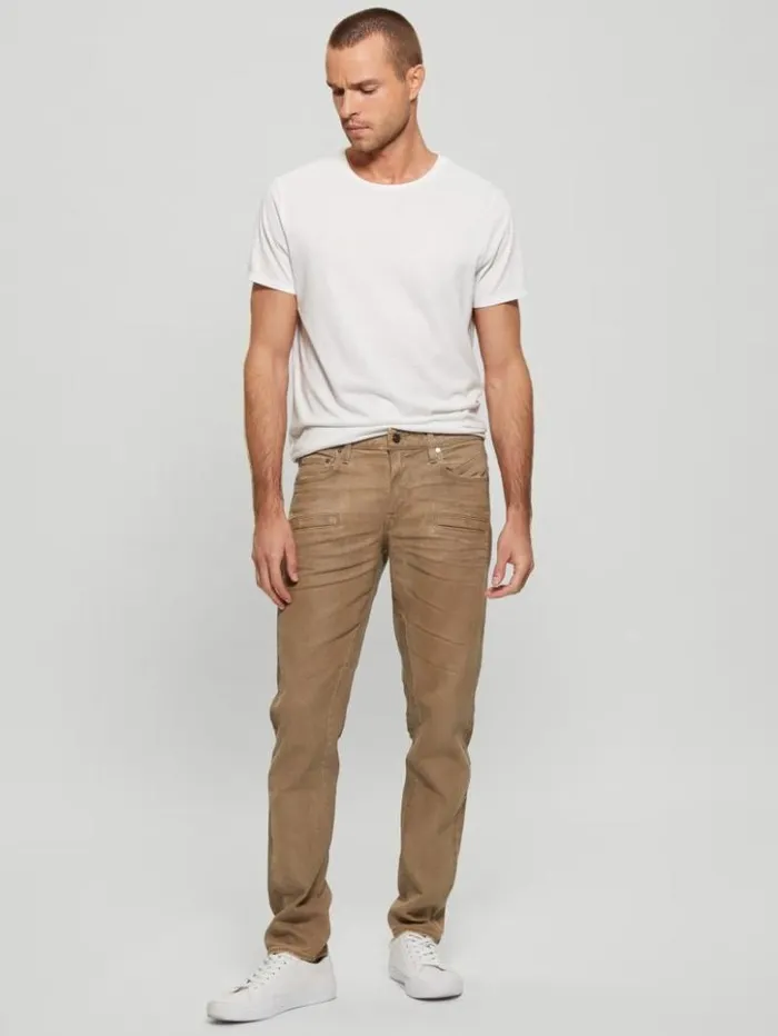 Men GUESS Jeans and Denim Coated Denim Slim Tapered Zip Jeans Isotope Brown