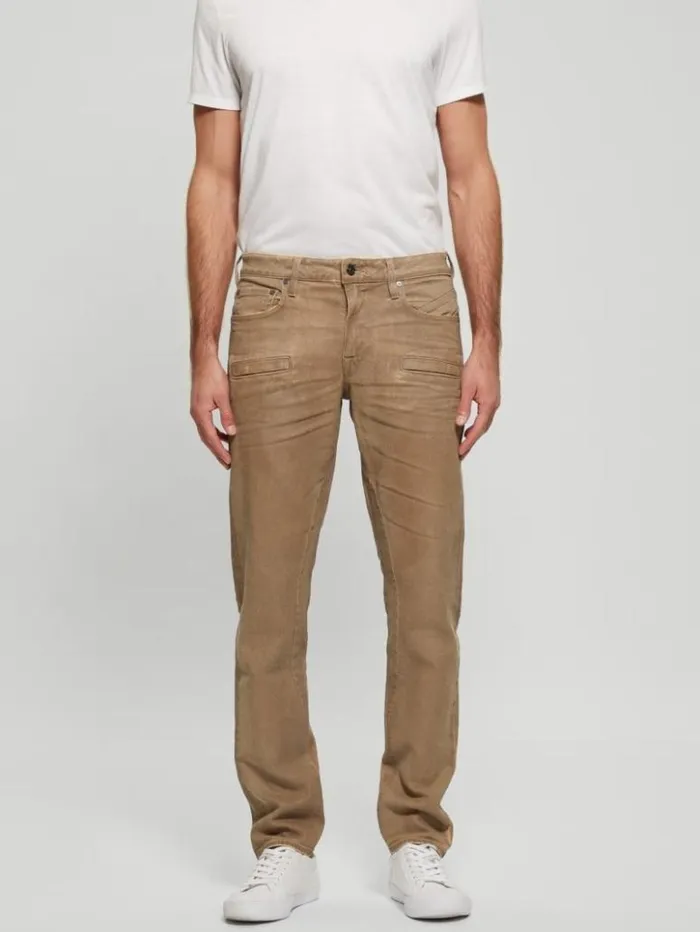 Men GUESS Jeans and Denim Coated Denim Slim Tapered Zip Jeans Isotope Brown