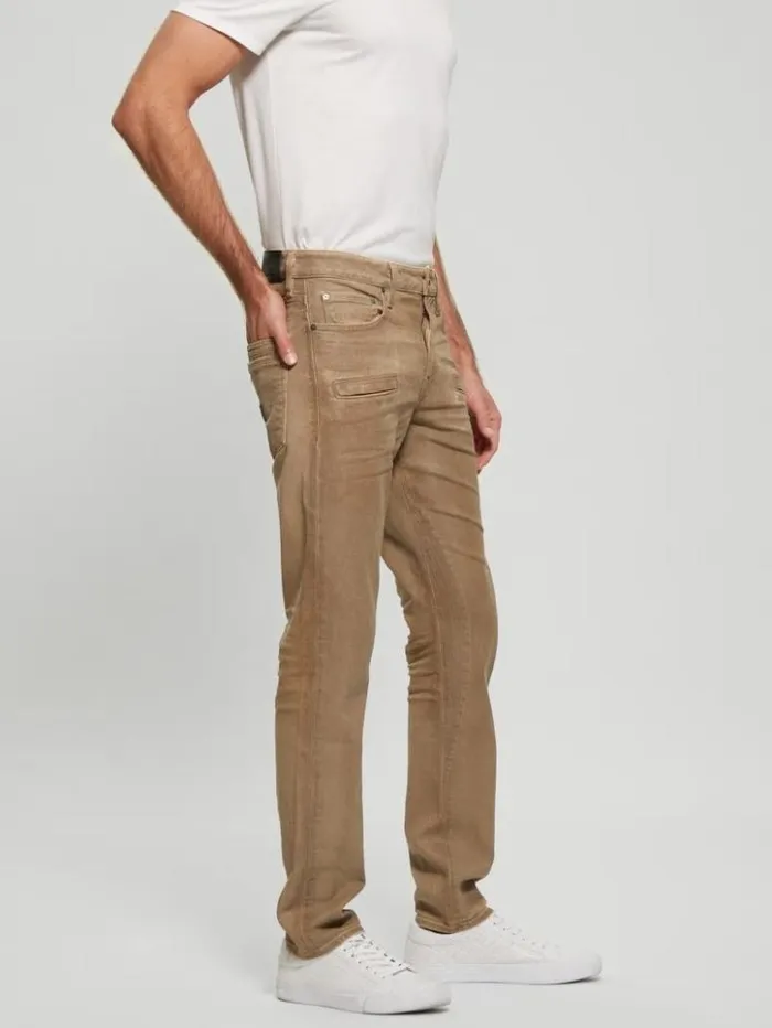 Men GUESS Jeans and Denim Coated Denim Slim Tapered Zip Jeans Isotope Brown