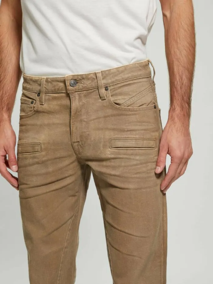 Men GUESS Jeans and Denim Coated Denim Slim Tapered Zip Jeans Isotope Brown