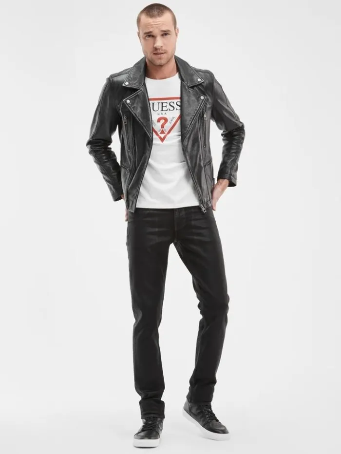 Men GUESS Jeans and Denim Coated Tapered Jeans Jet Black Coated
