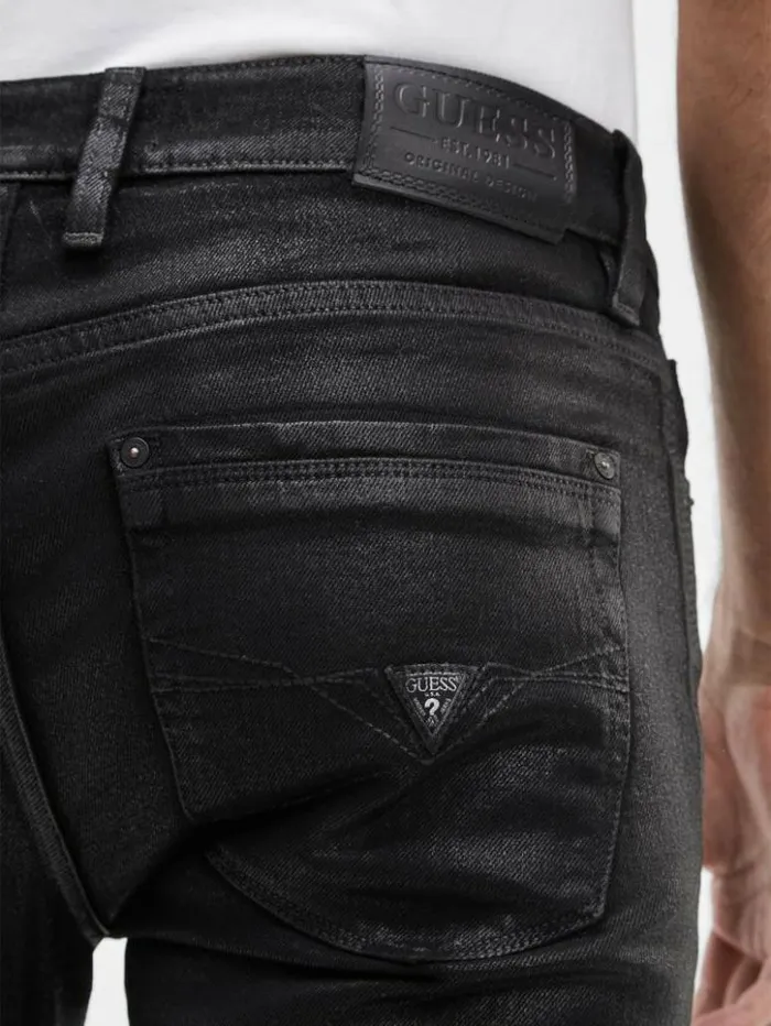 Men GUESS Jeans and Denim Coated Tapered Jeans Jet Black Coated